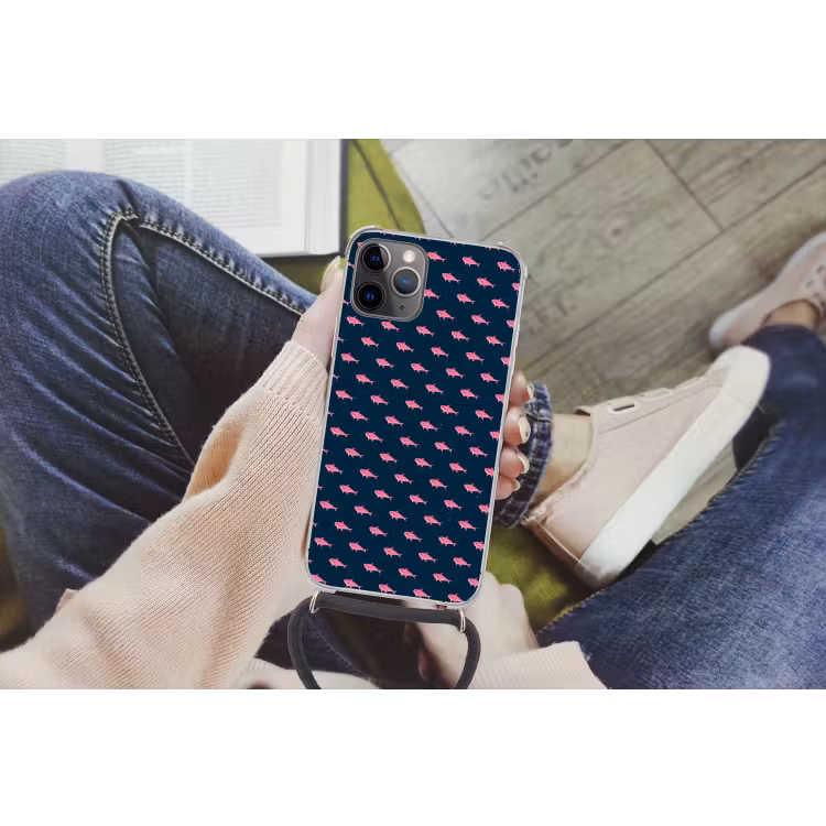 Haaien - Roze - Blauw - Zeedieren Hoesje iPhone 12 Pro met koord klein -hand