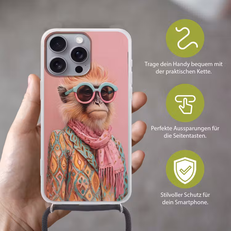 Sjaal - Aap - Zonnebril - Jasje Hoesje iPhone 16 Pro Max met koord klein -sfeer2_DE