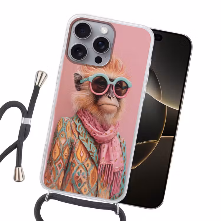 Sjaal - Aap - Zonnebril - Jasje Hoesje iPhone 16 Pro Max met koord klein -sfeer1