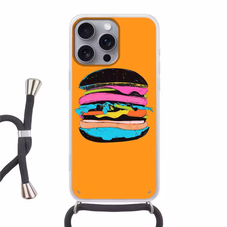 Hamburger - Kleurrijk - Speels Hoesje iPhone 16 Pro Max met koord klein -3d