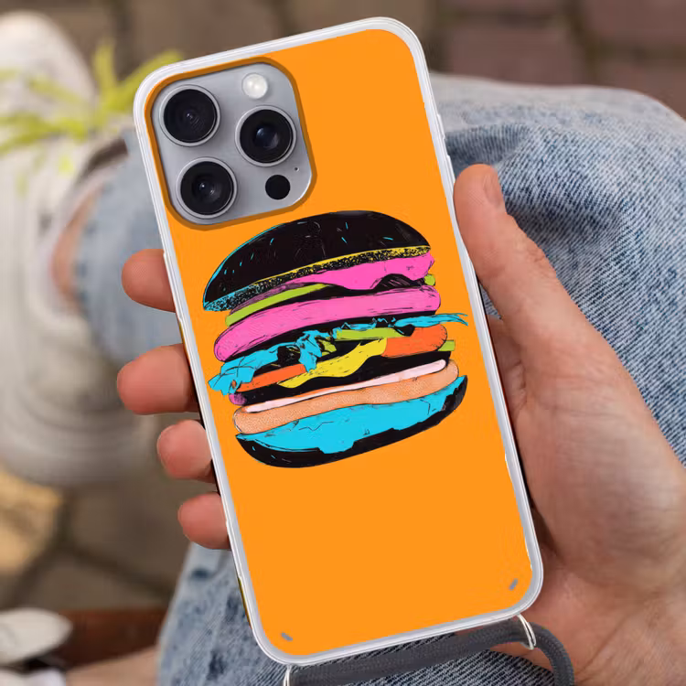 Hamburger - Kleurrijk - Speels Hoesje iPhone 16 Pro Max met koord klein -sfeer3