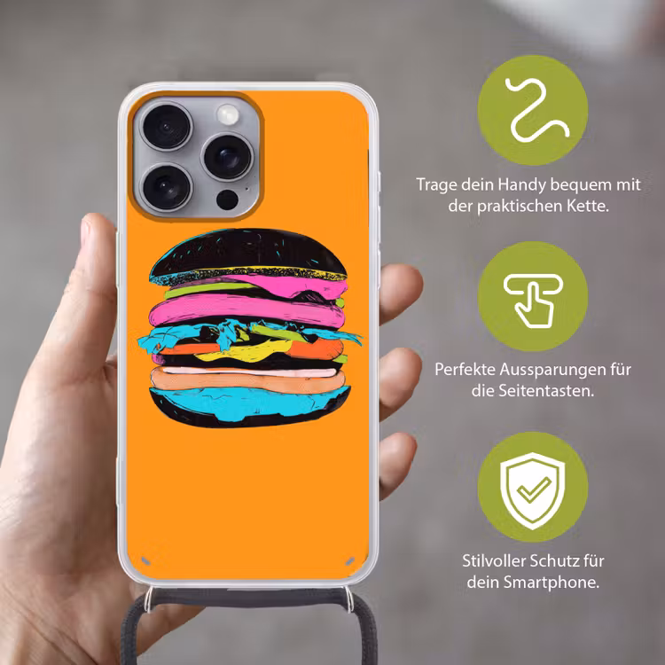 Hamburger - Kleurrijk - Speels Hoesje iPhone 16 Pro Max met koord klein -sfeer2_DE