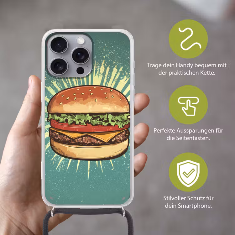 Hamburger - Illustratie - Sla - Kaas Hoesje iPhone 16 Pro Max met koord klein -sfeer2_DE