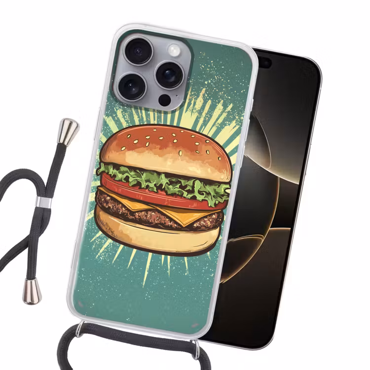 Hamburger - Illustratie - Sla - Kaas Hoesje iPhone 16 Pro Max met koord klein -sfeer1