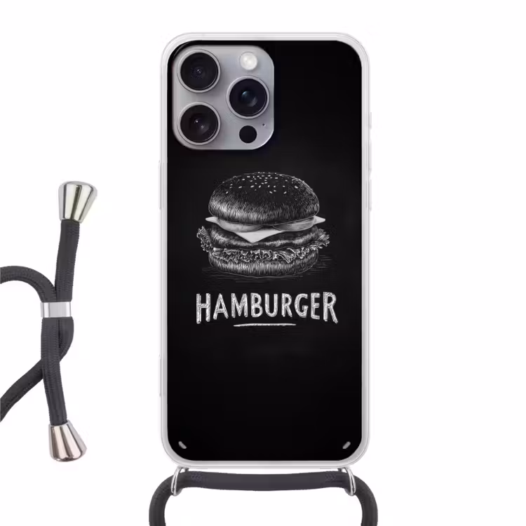 Hamburger - Krijttekst - Zwart - Wit Hoesje iPhone 16 Pro Max met koord klein -3d