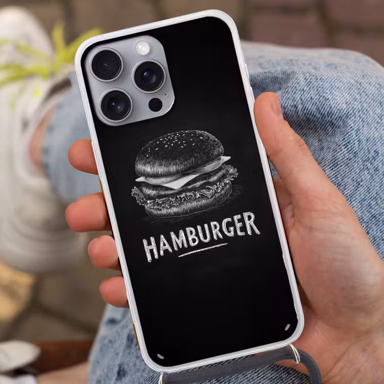 Hamburger - Krijttekst - Zwart - Wit Hoesje iPhone 16 Pro Max met koord klein -sfeer3