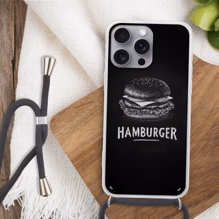 Hamburger - Krijttekst - Zwart - Wit Hoesje iPhone 16 Pro Max met koord klein -sfeer4