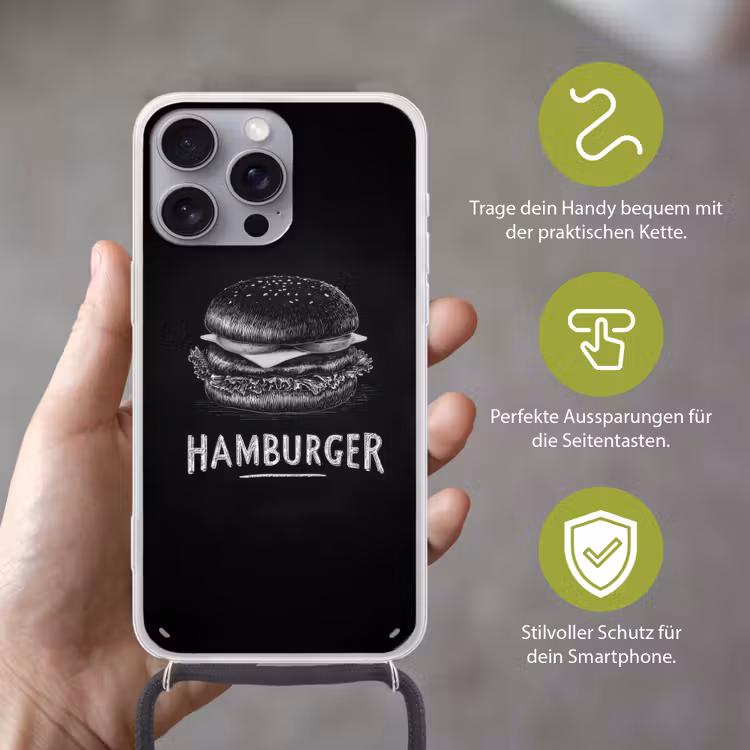 Hamburger - Krijttekst - Zwart - Wit Hoesje iPhone 16 Pro Max met koord klein -sfeer2_DE