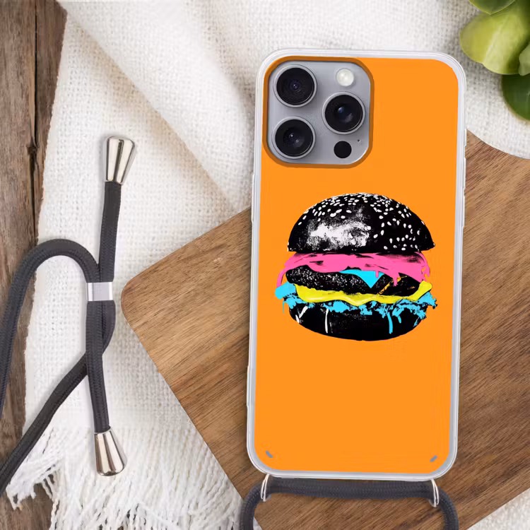 Hamburger - Oranje - Neon - popart Hoesje iPhone 16 Pro Max met koord klein -sfeer4