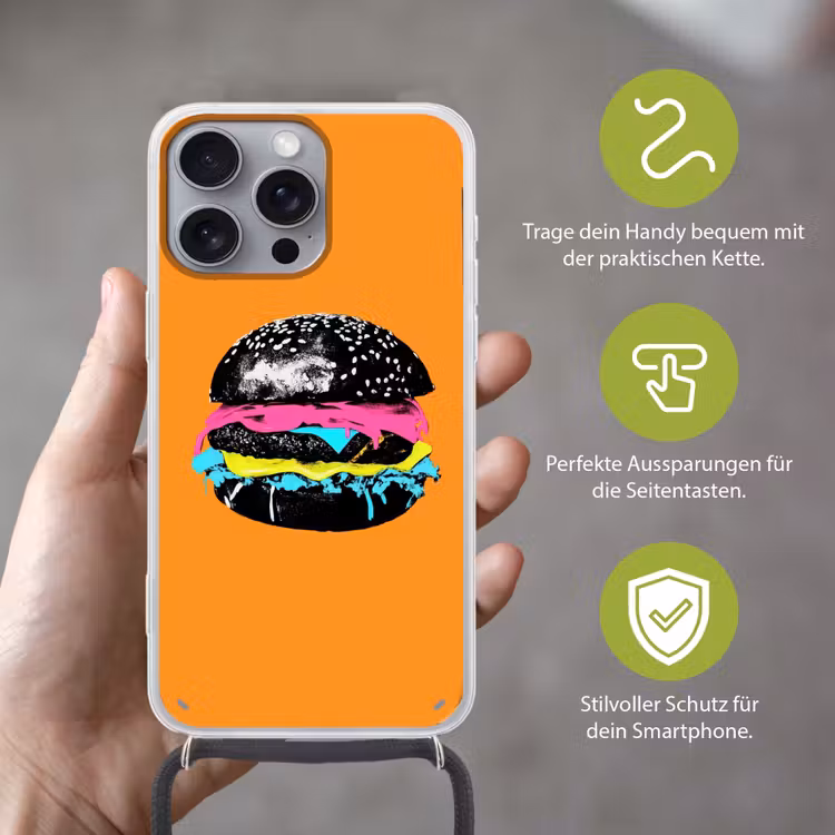 Hamburger - Oranje - Neon - popart Hoesje iPhone 16 Pro Max met koord klein -sfeer2_DE