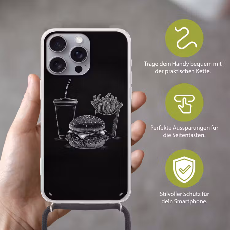 Hamburger - Friet - Frisdrank - Krijttekening Hoesje iPhone 16 Pro Max met koord klein -sfeer2_DE