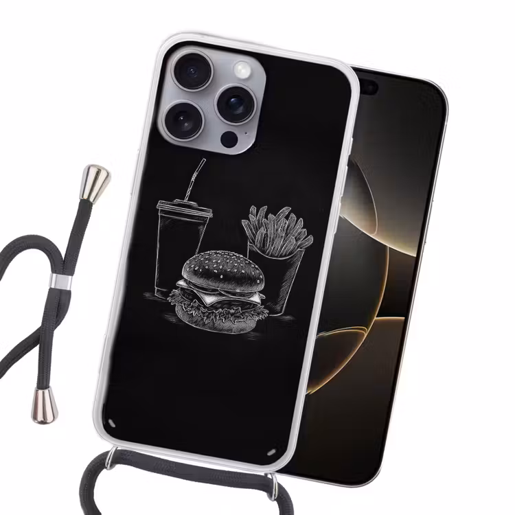 Hamburger - Friet - Frisdrank - Krijttekening Hoesje iPhone 16 Pro Max met koord klein -sfeer1