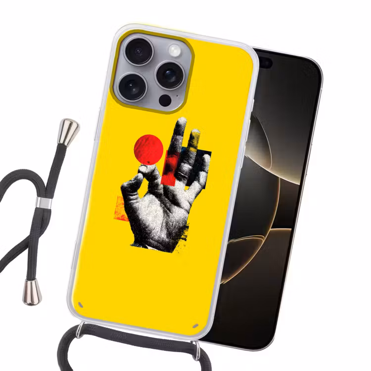 Hand - Rode cirkel - Geel Hoesje iPhone 16 Pro Max met koord klein -sfeer1