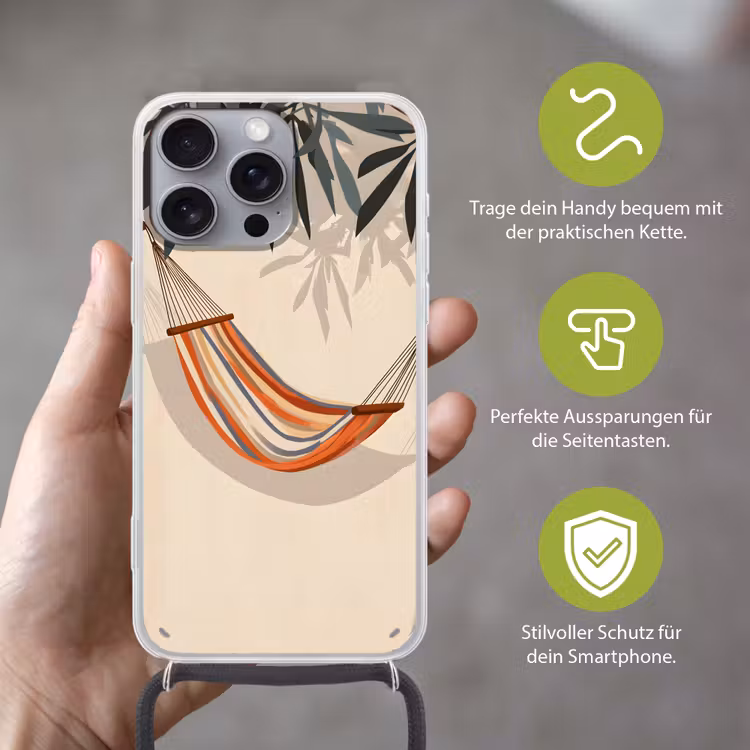 Hangmat - Kleurrijk - Bladeren - Schaduw Hoesje iPhone 16 Pro Max met koord klein -sfeer2_DE