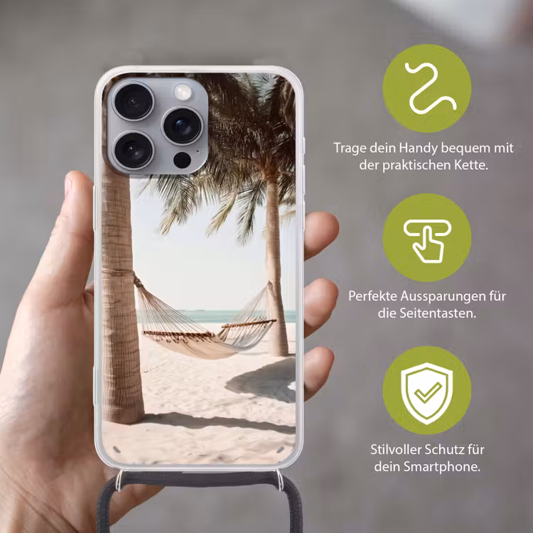 Hangmat - Palmbomen - Strand - Zee Hoesje iPhone 16 Pro Max met koord klein -sfeer2_DE