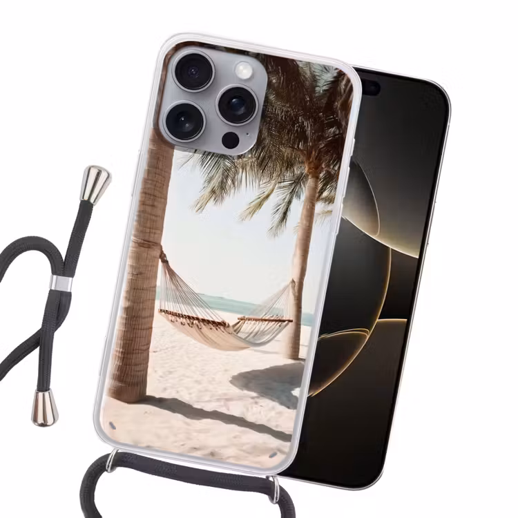 Hangmat - Palmbomen - Strand - Zee Hoesje iPhone 16 Pro Max met koord klein -sfeer1