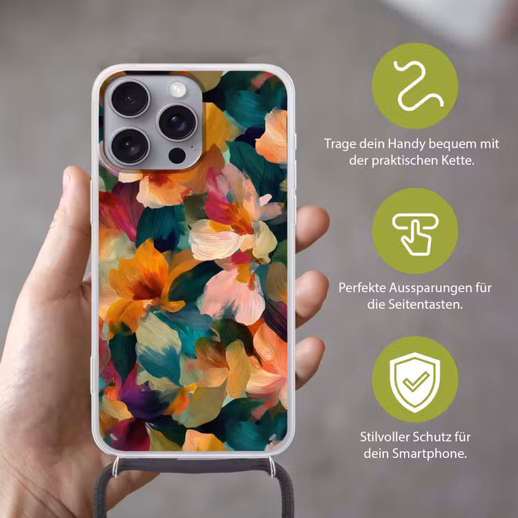 Harmonieus - Abstracte bloemen - Warme tinten Hoesje iPhone 16 Pro Max met koord klein -sfeer2_DE