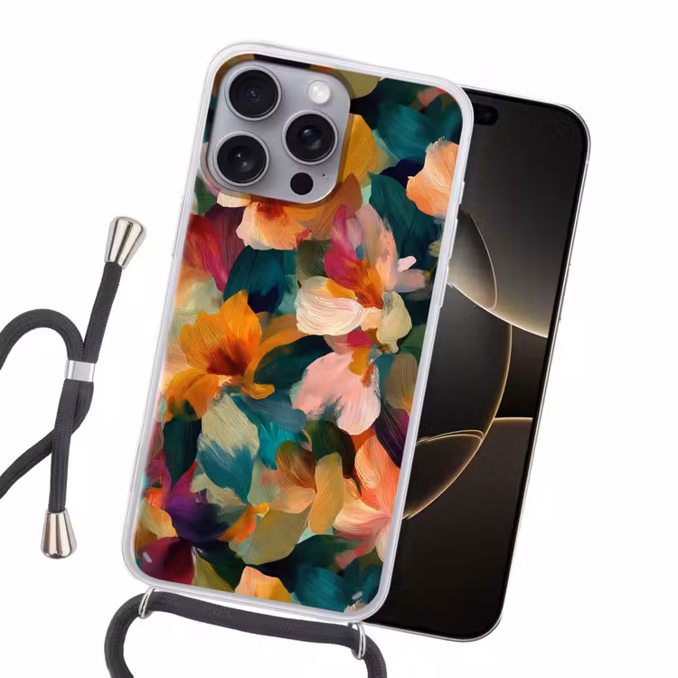 Harmonieus - Abstracte bloemen - Warme tinten Hoesje iPhone 16 Pro Max met koord klein -sfeer1