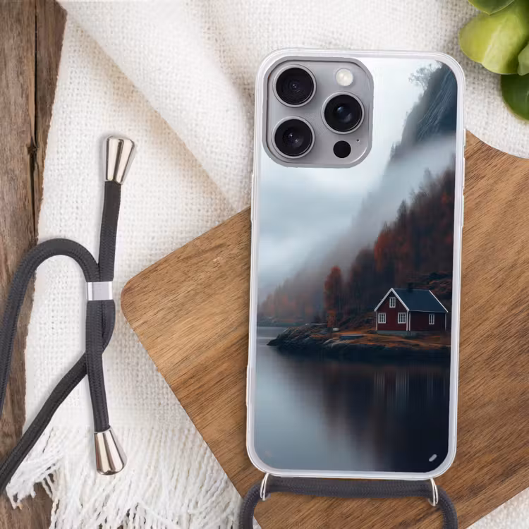 Huis - Rood - Bergen - Water Hoesje iPhone 16 Pro Max met koord klein -sfeer4