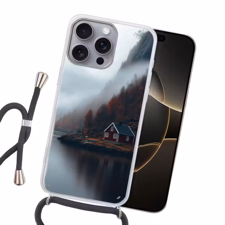 Huis - Rood - Bergen - Water Hoesje iPhone 16 Pro Max met koord klein -sfeer1