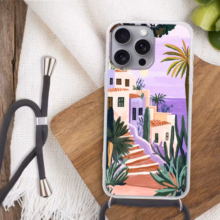 Huizen - Minimalistisch - Palmbomen - Kust Hoesje iPhone 16 Pro Max met koord klein -sfeer4