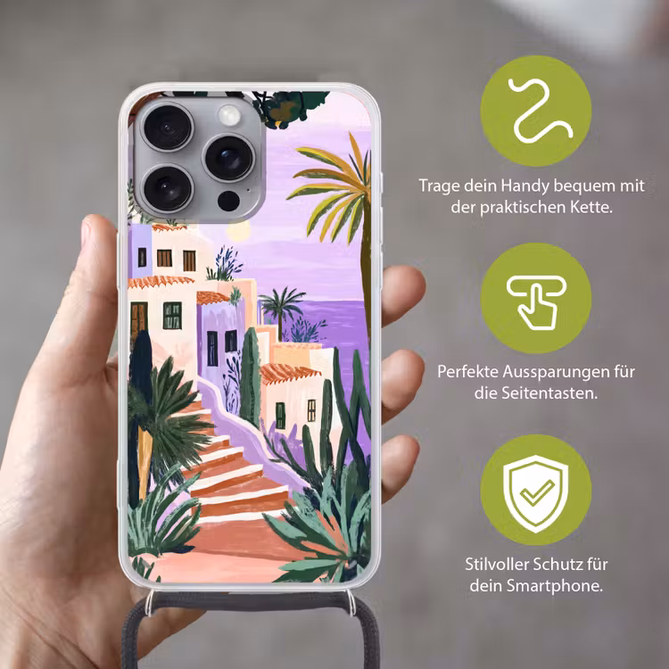 Huizen - Minimalistisch - Palmbomen - Kust Hoesje iPhone 16 Pro Max met koord klein -sfeer2_DE