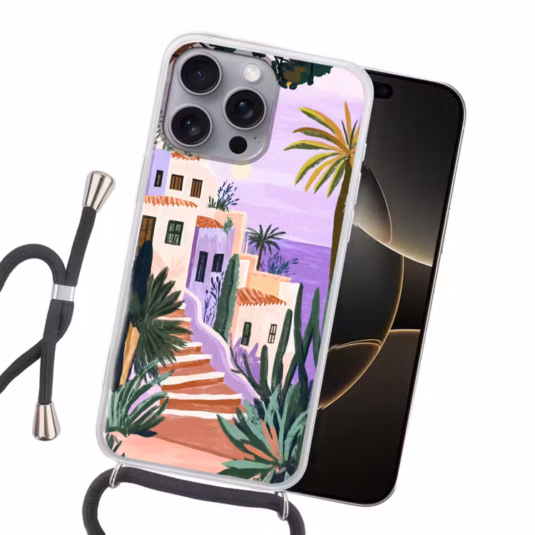 Huizen - Minimalistisch - Palmbomen - Kust Hoesje iPhone 16 Pro Max met koord klein -sfeer1