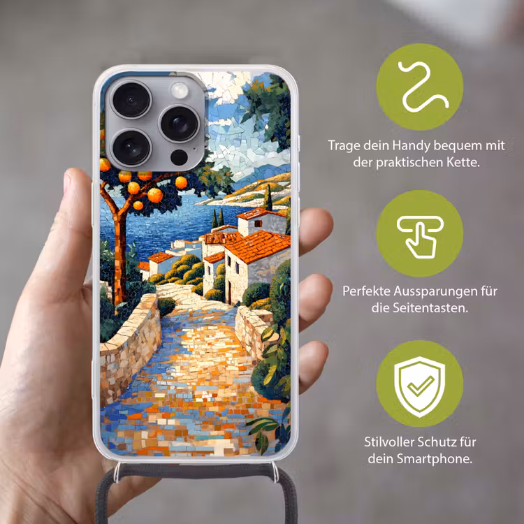 Huizen - Mozaïek - Sinaasappelbomen - Zee Hoesje iPhone 16 Pro Max met koord klein -sfeer2_DE