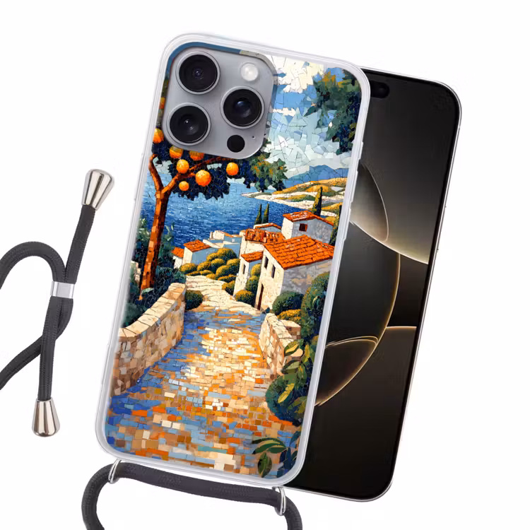 Huizen - Mozaïek - Sinaasappelbomen - Zee Hoesje iPhone 16 Pro Max met koord klein -sfeer1