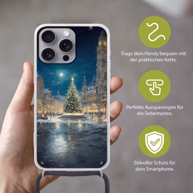 Kerstnacht - Stadsplein - Meerkleurig Hoesje iPhone 16 Pro Max met koord klein -sfeer2_DE