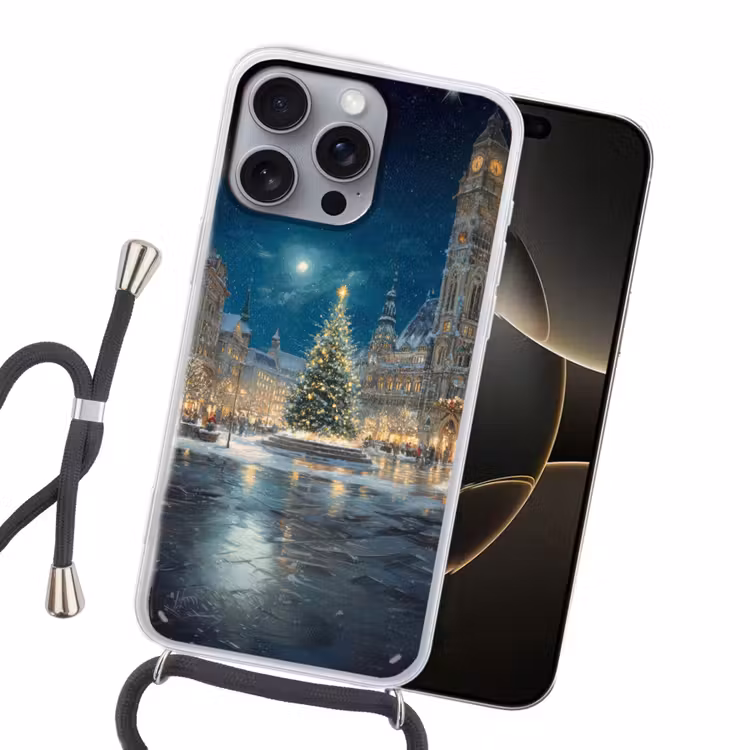 Kerstnacht - Stadsplein - Meerkleurig Hoesje iPhone 16 Pro Max met koord klein -sfeer1
