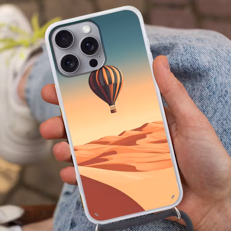 Luchtballon - Woestijn - Zonsondergang - Blauw Hoesje iPhone 16 Pro Max met koord klein -sfeer3
