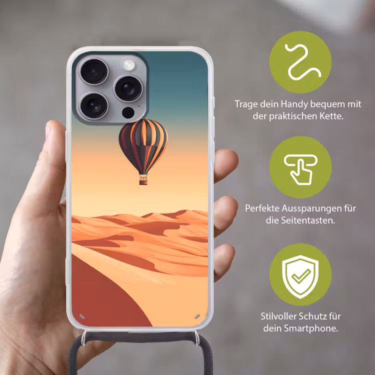 Luchtballon - Woestijn - Zonsondergang - Blauw Hoesje iPhone 16 Pro Max met koord klein -sfeer2_DE