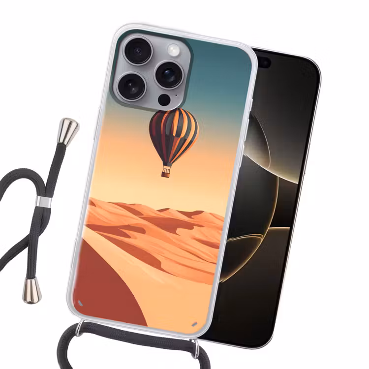 Luchtballon - Woestijn - Zonsondergang - Blauw Hoesje iPhone 16 Pro Max met koord klein -sfeer1