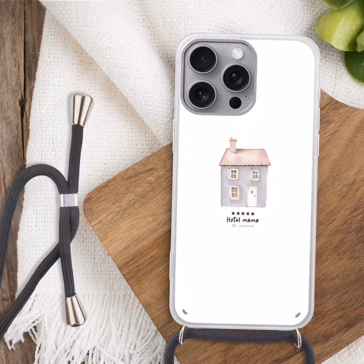 Lichtblauw - Huisje - Mama - Tekst Hoesje iPhone 16 Pro Max met koord klein -sfeer4