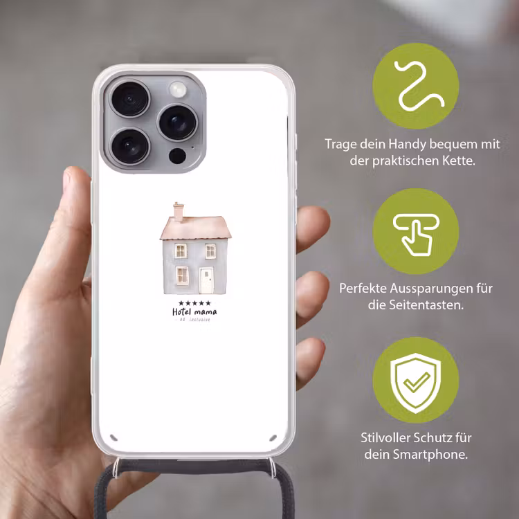 Lichtblauw - Huisje - Mama - Tekst Hoesje iPhone 16 Pro Max met koord klein -sfeer2_DE