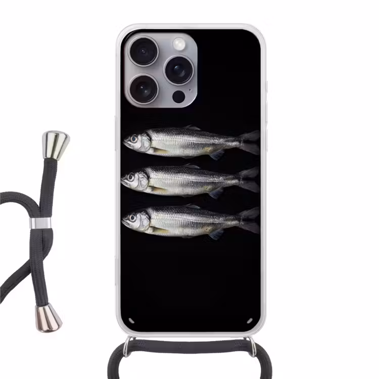 Haring - Vissen - Zwart Hoesje iPhone 16 Pro Max met koord klein -3d