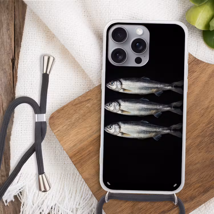 Haring - Vissen - Zwart Hoesje iPhone 16 Pro Max met koord klein -sfeer4