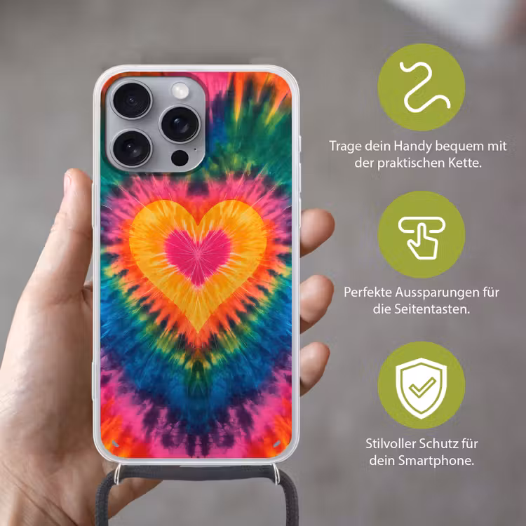 Hart - Tie Dye - Kleurrijk Hoesje iPhone 16 Pro Max met koord klein -sfeer2_DE