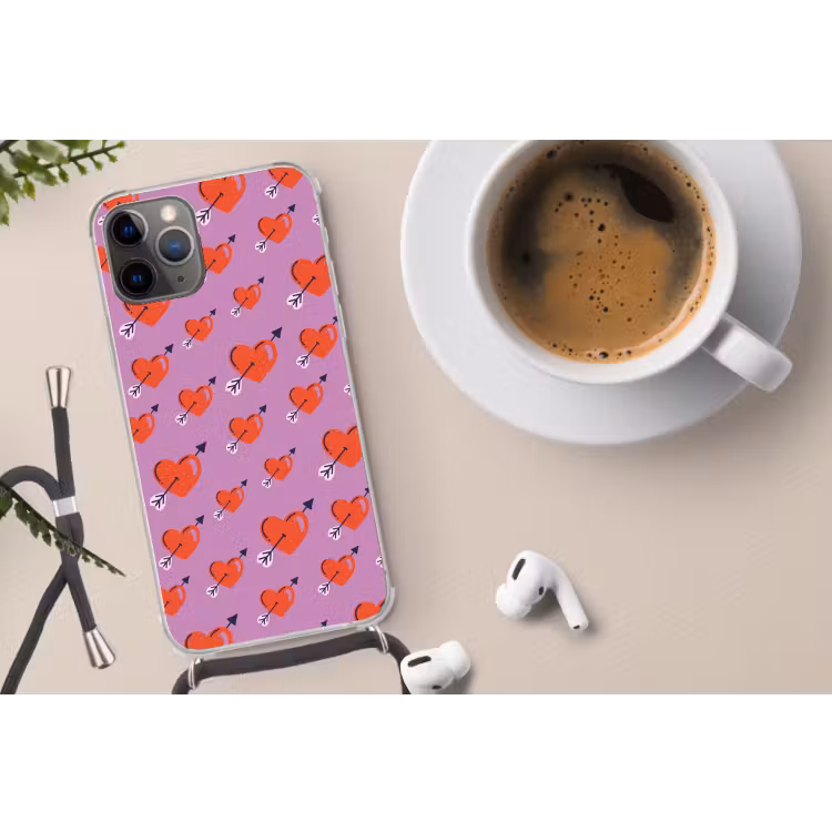 Hartjes - Rood - Paars - Print - Liefde Hoesje iPhone 12 Pro met koord klein -oordop