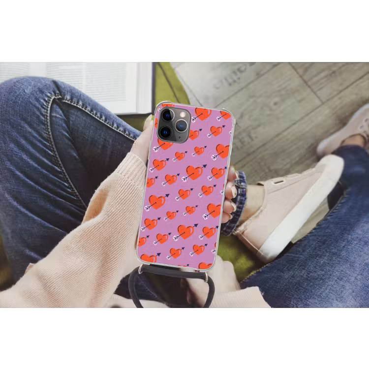 Hartjes - Rood - Paars - Print - Liefde Hoesje iPhone 12 Pro met koord klein -hand