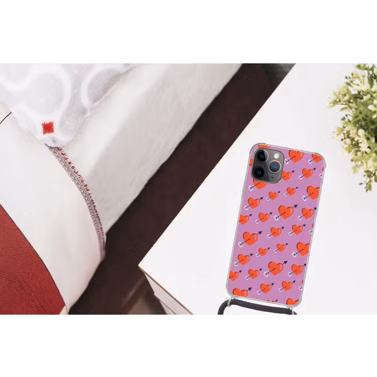 Hartjes - Rood - Paars - Print - Liefde Hoesje iPhone 12 Pro met koord klein -kamer