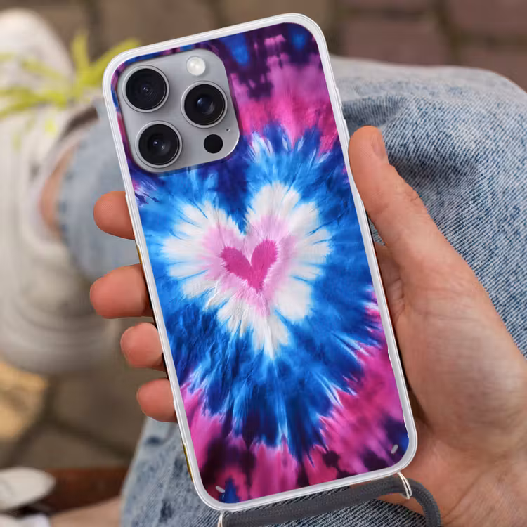 Hartvormig - Tie dye - Paars Hoesje iPhone 16 Pro Max met koord klein -sfeer3