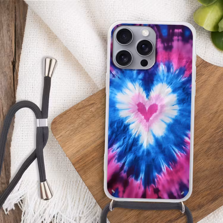 Hartvormig - Tie dye - Paars Hoesje iPhone 16 Pro Max met koord klein -sfeer4