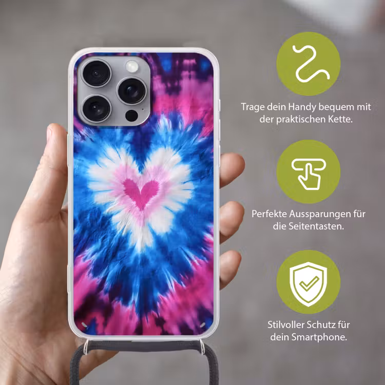 Hartvormig - Tie dye - Paars Hoesje iPhone 16 Pro Max met koord klein -sfeer2_DE