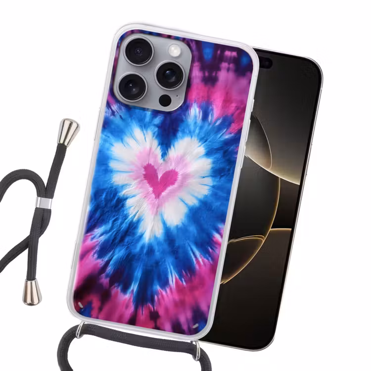 Hartvormig - Tie dye - Paars Hoesje iPhone 16 Pro Max met koord klein -sfeer1