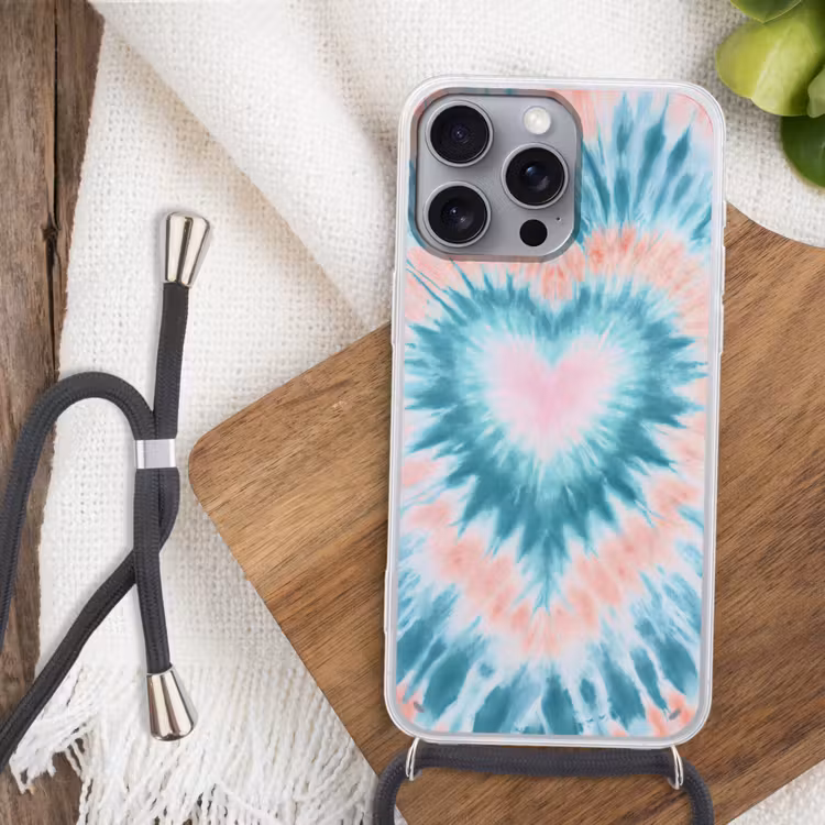Hartvormig - Tie dye - Pasteltinten - Lichtgroen Hoesje iPhone 16 Pro Max met koord klein -sfeer4