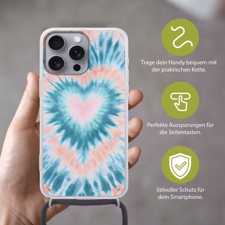 Hartvormig - Tie dye - Pasteltinten - Lichtgroen Hoesje iPhone 16 Pro Max met koord klein -sfeer2_DE