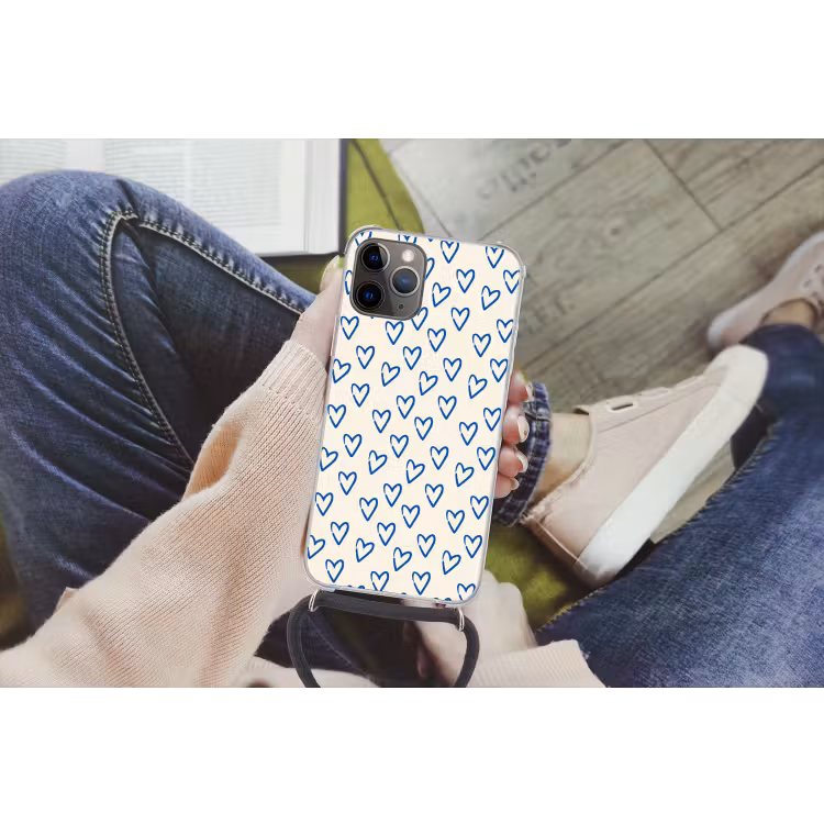 Hartjes patroon - Blauw - Beige - Liefde Hoesje iPhone 12 Pro met koord klein -hand