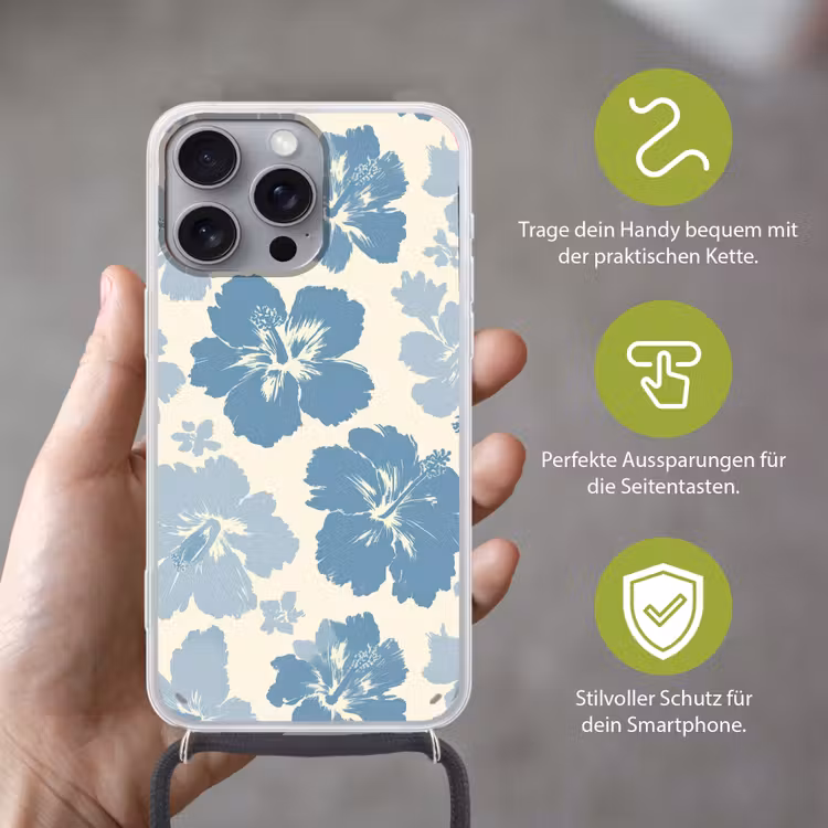Hibiscusbloemen - Blauw - Patroon - Tropisch Hoesje iPhone 16 Pro Max met koord klein -sfeer2_DE